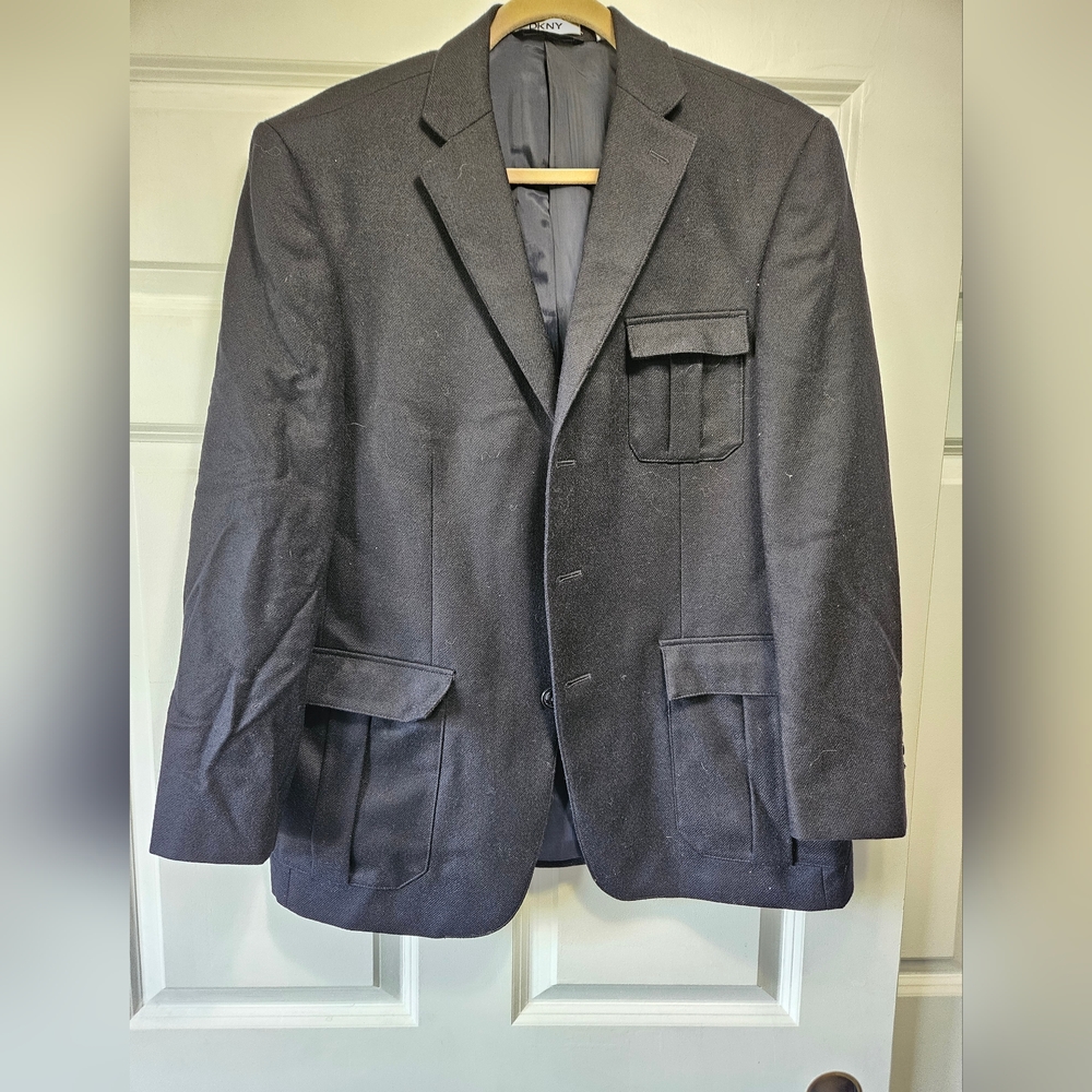 DKNY Men's Black/Navy 100%Wool Sport Coat - Notch Lapel